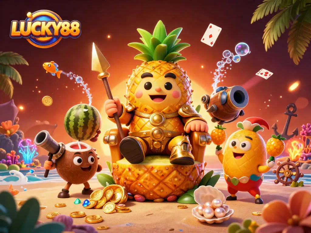 LUCKY88 engages players with a colorful 3D beach casino experience, featuring a golden pineapple king.