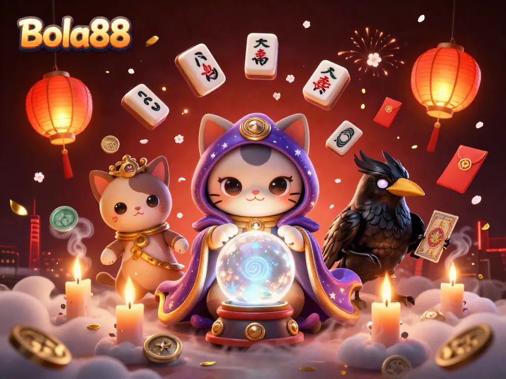 Bola88 brings luck and excitement with a mystical cat, glowing raven, and vibrant casino elements.