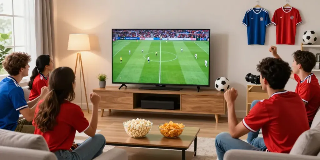 Friends enjoying a football match on thapcamtv.ac in a cozy living room.