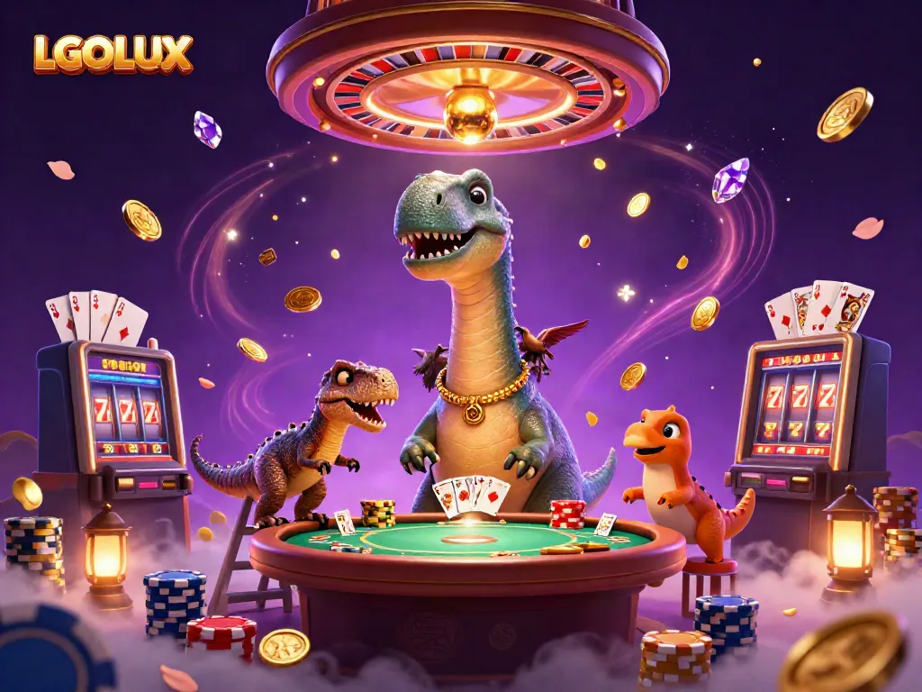 Experience the thrill of LGOLUX with animated characters in a vibrant casino scene filled with winning moments.