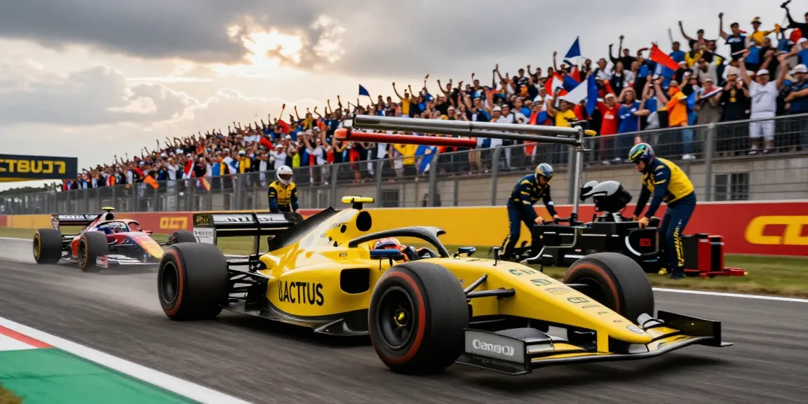 Mobil balap Lotus 88 melaju cepat di lintasan Formula 1, menampilkan aksi dramatis dan tim pit yang sibuk.