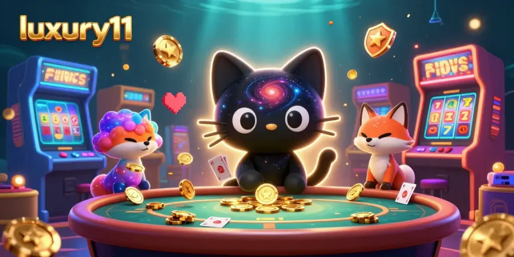 Play exciting games with luxury111 while swirling through a cosmic casino atmosphere filled with vibrant characters and elements.