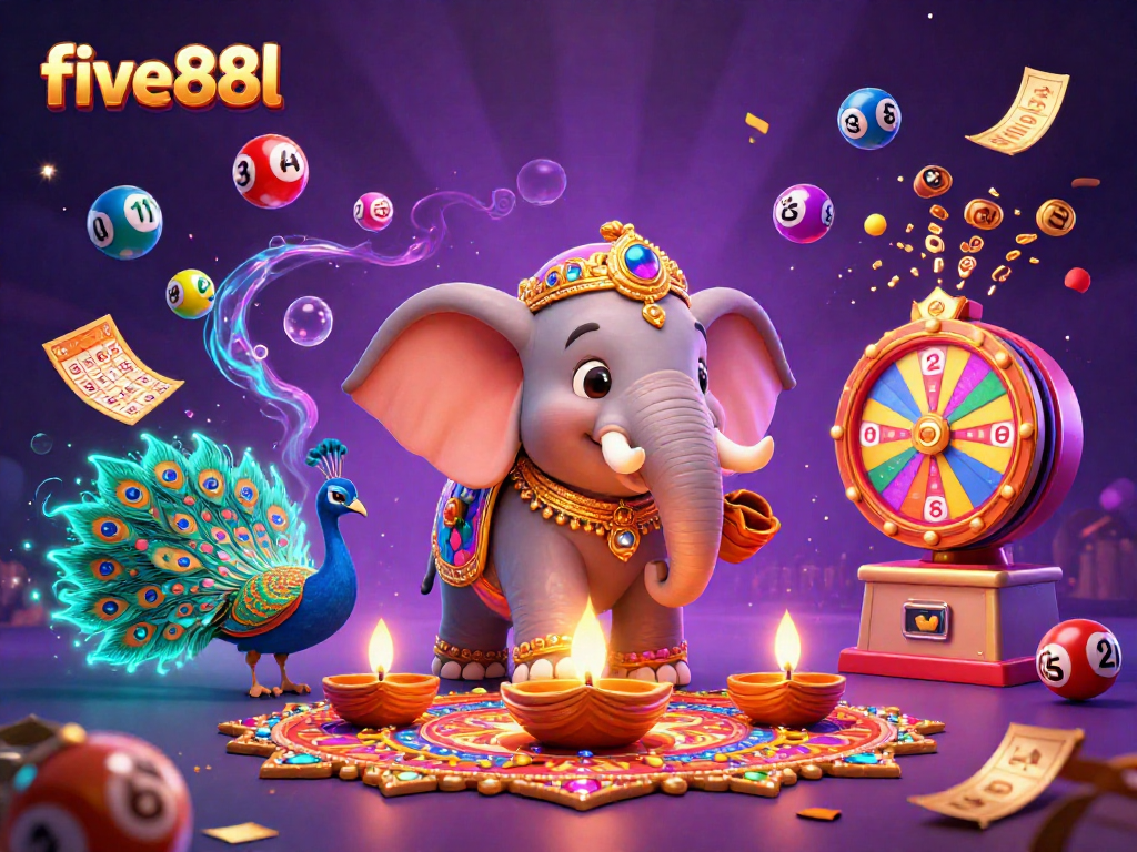 Experience the excitement of five88l with vibrant lottery elements in a lively casino scene.