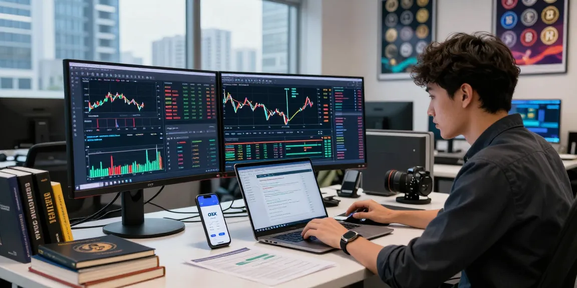 Young professional analyzing cryptocurrency charts on multiple screens for okx exchange trading