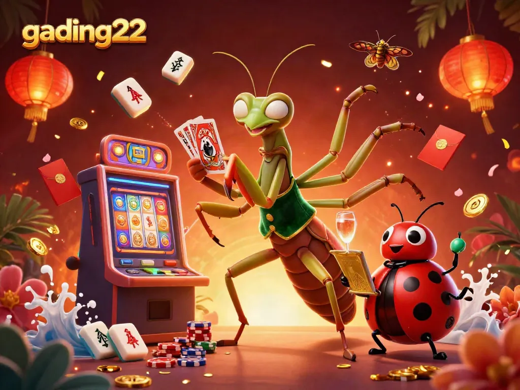 Engaging gading22 slot illustration featuring a mantis dealer and ladybug pit boss in a vibrant casino scene