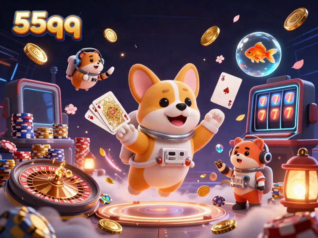 Join the excitement at 55qq with a playful astronaut corgi in a vibrant casino setting.