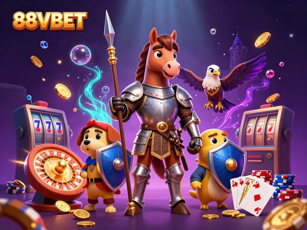 Experience the excitement of 88VBET with medieval characters amid dynamic casino elements.
