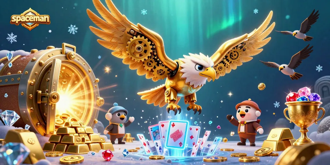 Experience the thrill of Spaceman as a cybernetic eagle dives through holographic cards in a vibrant online casino setting.