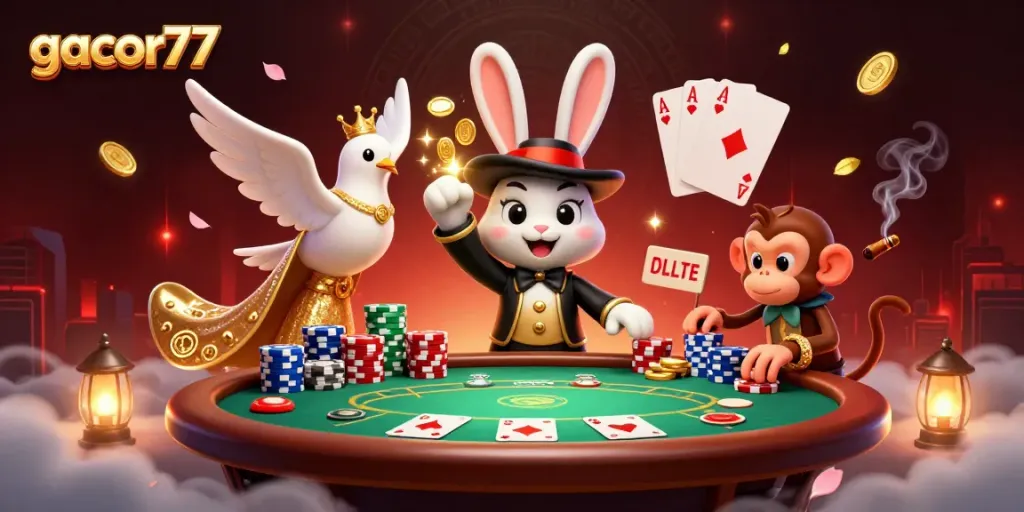Meraih kemenangan dengan gacor77 di meja poker penuh chip dan karakter berwarna-warni.