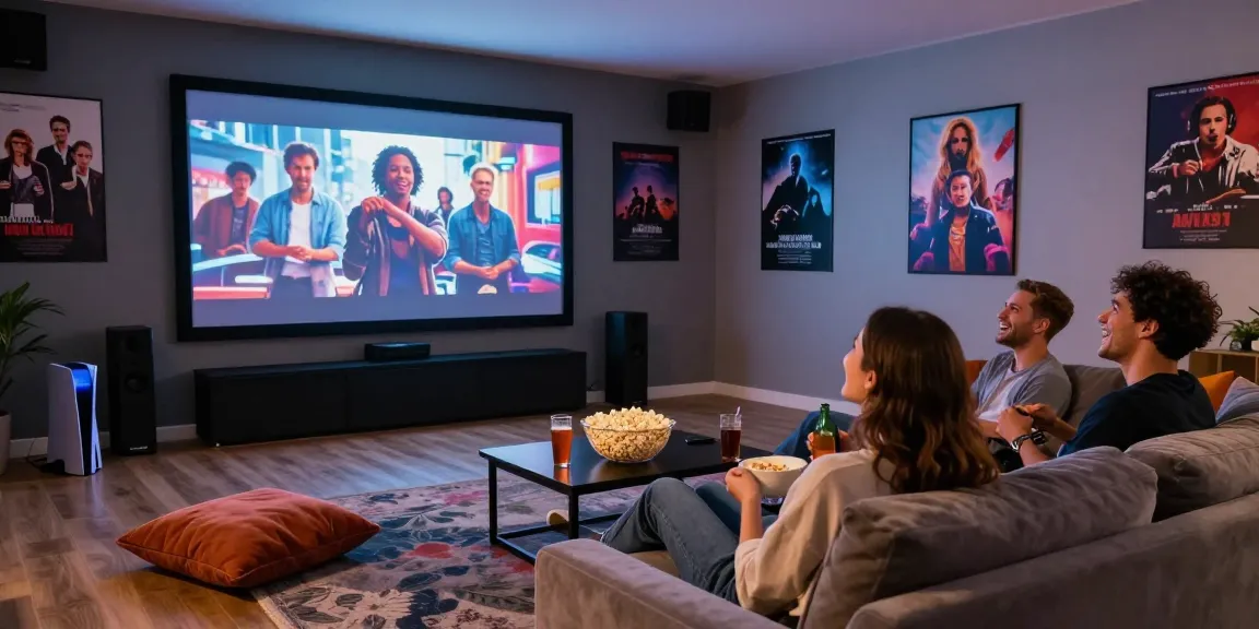 Friends enjoying a filmyzilla movie night in a cozy home theater.