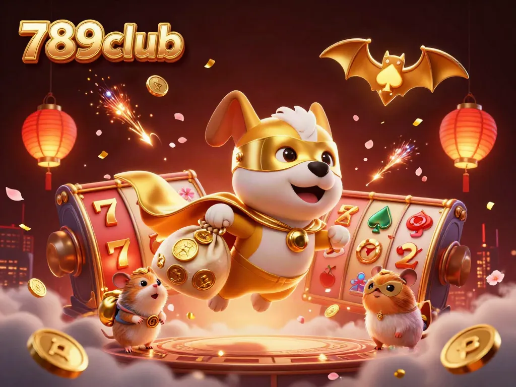 Exciting 789club gameplay action featuring a superhero dog and hamster amidst golden slot reels and festive elements.