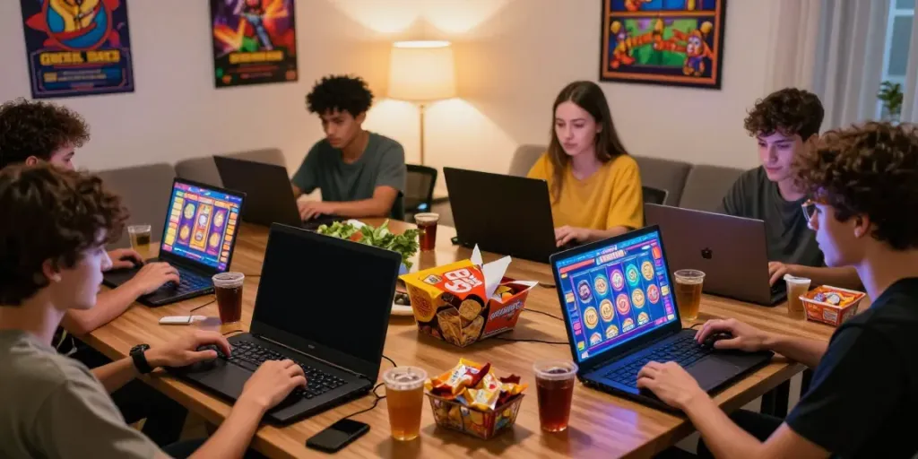 Players enjoying slot online games on devices in a cozy room setting.