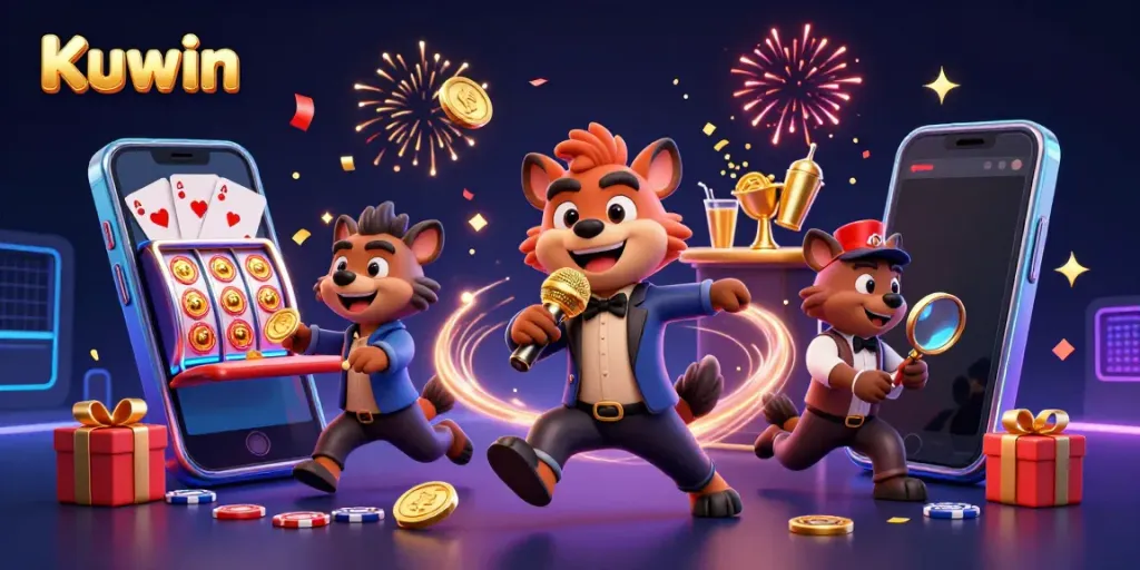 Hyenas at Kuwin's comedy casino entertain with jokes and drinks amidst dynamic game elements.