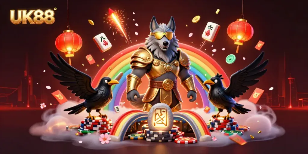 Experience the thrill of UK88 with captivating 3D visuals of mythical characters and vibrant casino elements.