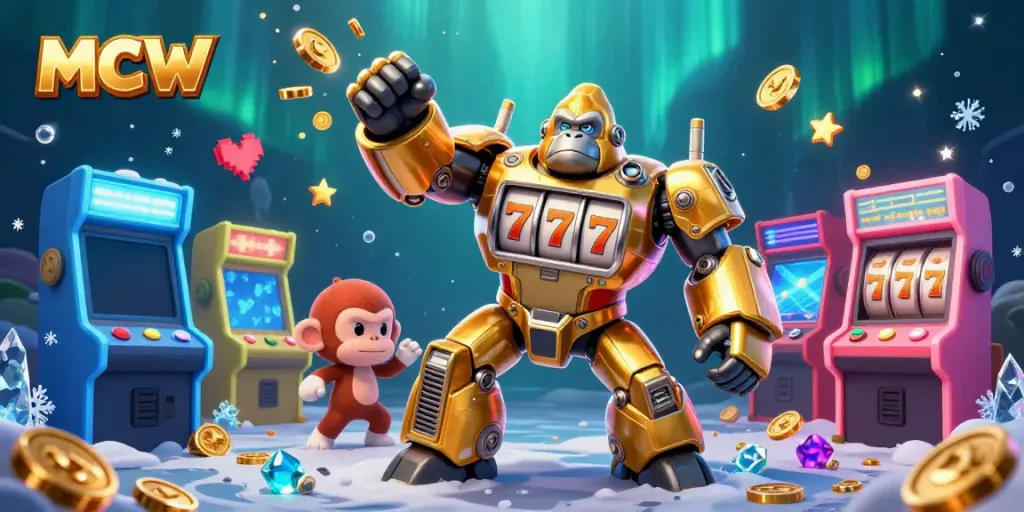 Engage in thrilling gameplay with MCW's golden gorilla mech and dynamic casino elements in a vibrant 3D scene.