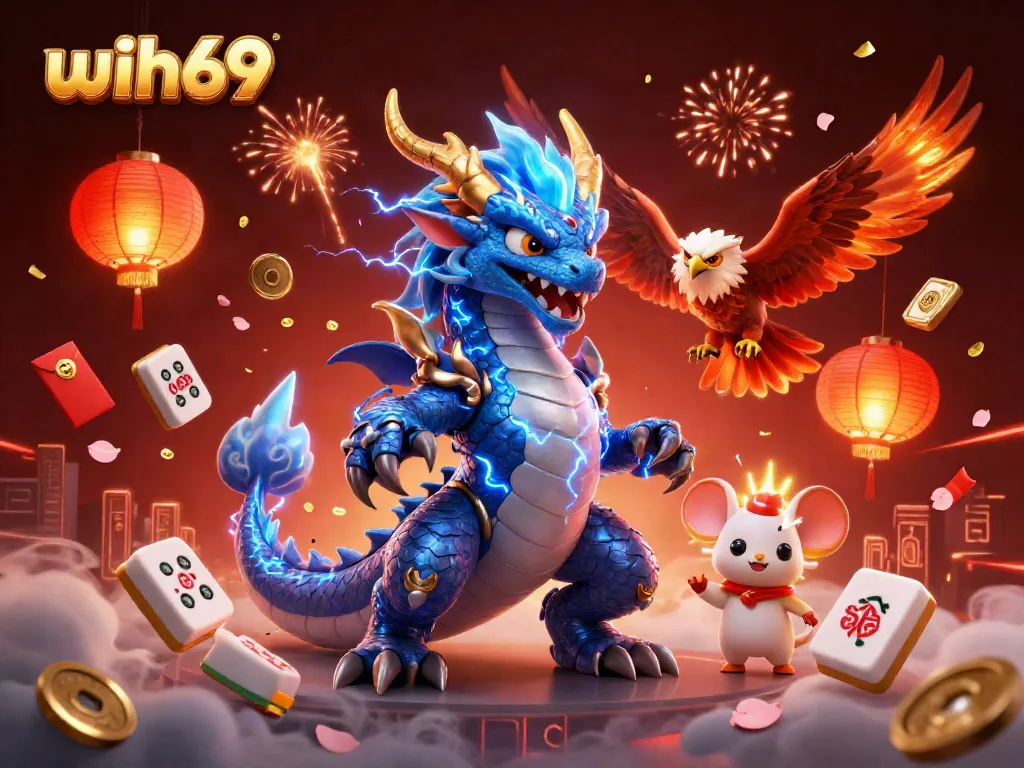 Gambarlah wih69 yang menarik dalam ilustrasi kasino dengan naga dan simbol keberuntungan.