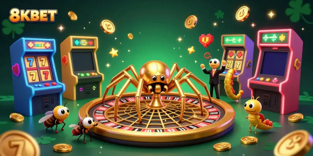 Experience thrilling gameplay action at 8KBET with vibrant 3D spider-themed casino elements.