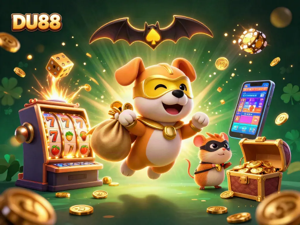 Engage with DU88 in a vibrant casino-like scene featuring a superhero dog and hamster.