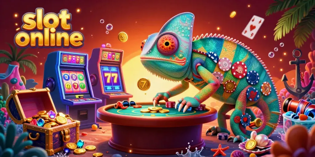 Feel the thrill of slot online games with an animated chameleon casino owner amidst vibrant treasures and symbols.