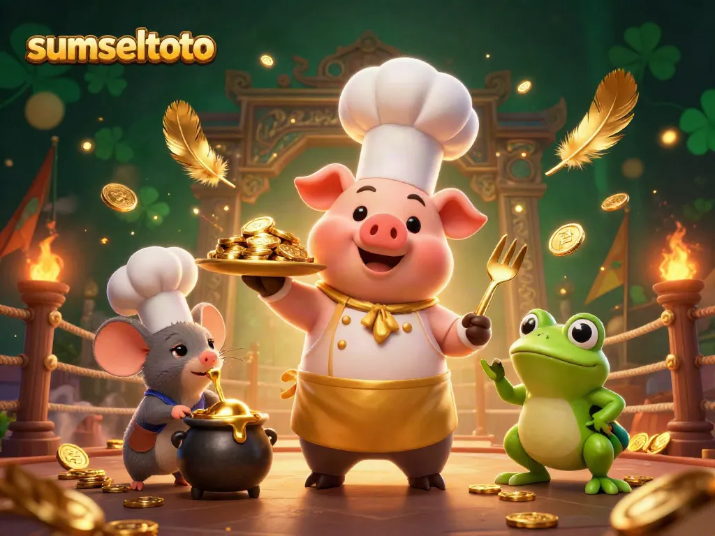 Engage with sumseltoto as a 3D cartoon chef pig presents coins, embodying vibrant gambling excitement.