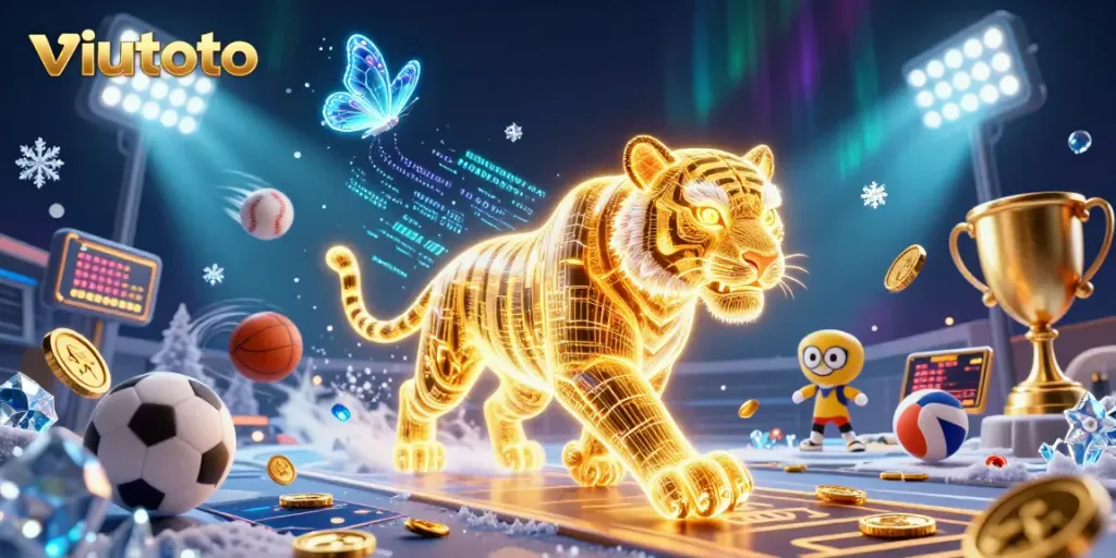 Gambarkan viutoto dengan harimau emas neon dan elemen judi olahraga di latar belakang kasino digital.
