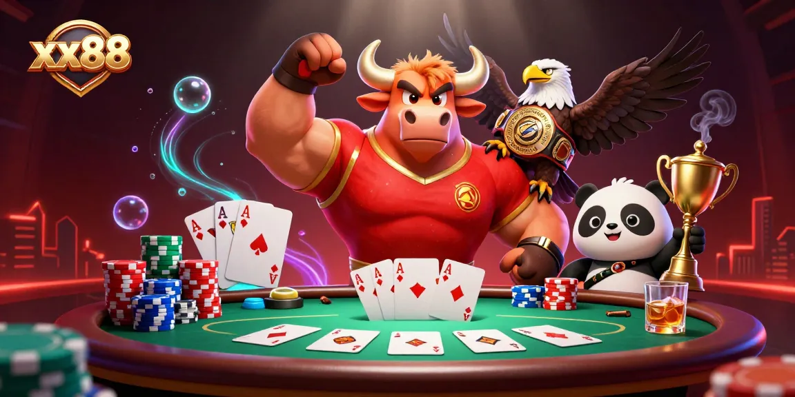 xx88 showcases a victorious bull mascot, eagle, and panda celebrating at a rich poker scene.