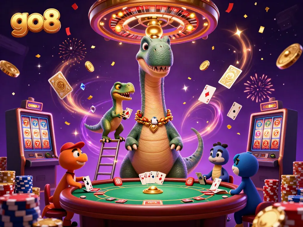 go8 casino scene with a giant brontosaurus and raptor dealing cards amidst coins and excitement