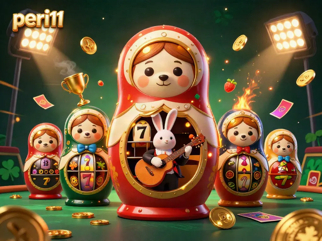 A vibrant scene of peri11 featuring cartoon bears and casino elements, showcasing slot reels and trophies.