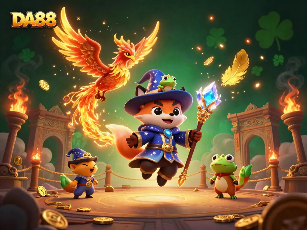 Experience DA88 gaming excitement with a mystical fox wizard and phoenix in a vibrant casino scene.