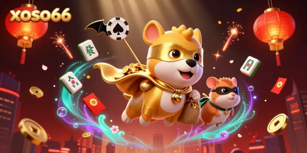 Experience thrilling jackpots in xoso66 with a superhero dog showcasing excitement and fortune.