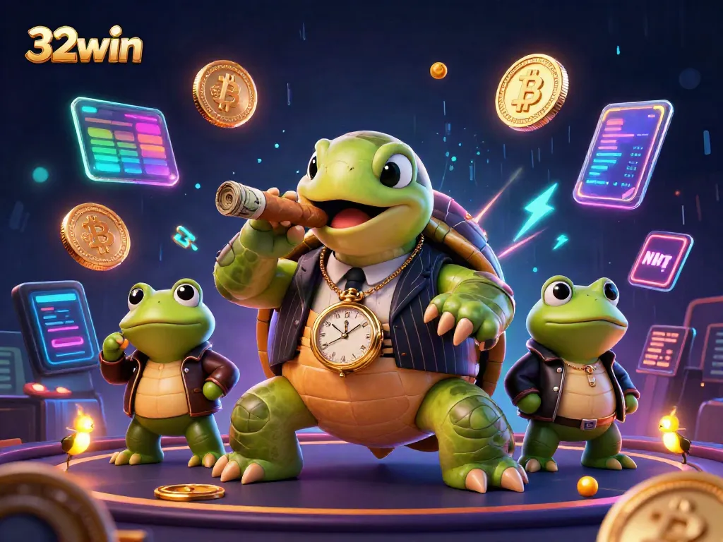Experience the thrilling gaming action at 32win with a cartoon scene of a snapping turtle and bullfrog enforcers.