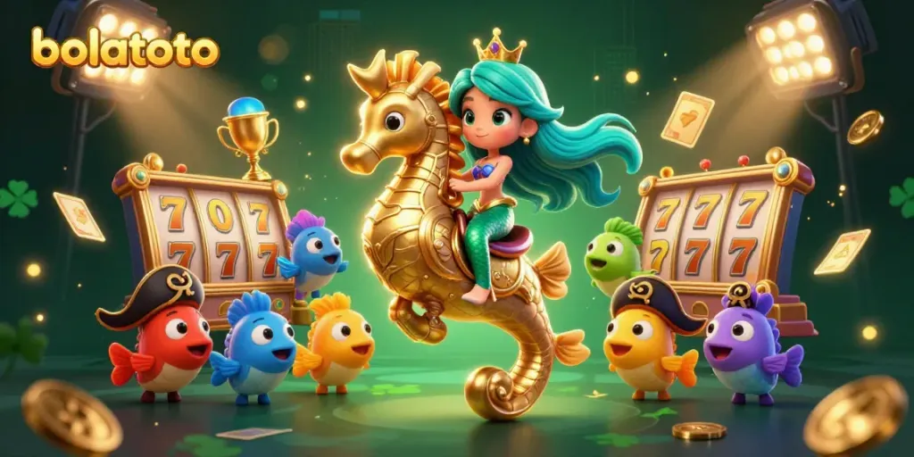 Engage with bolatoto's exciting slot games featuring a whimsical mermaid princess riding a seahorse amidst a sea of riches.