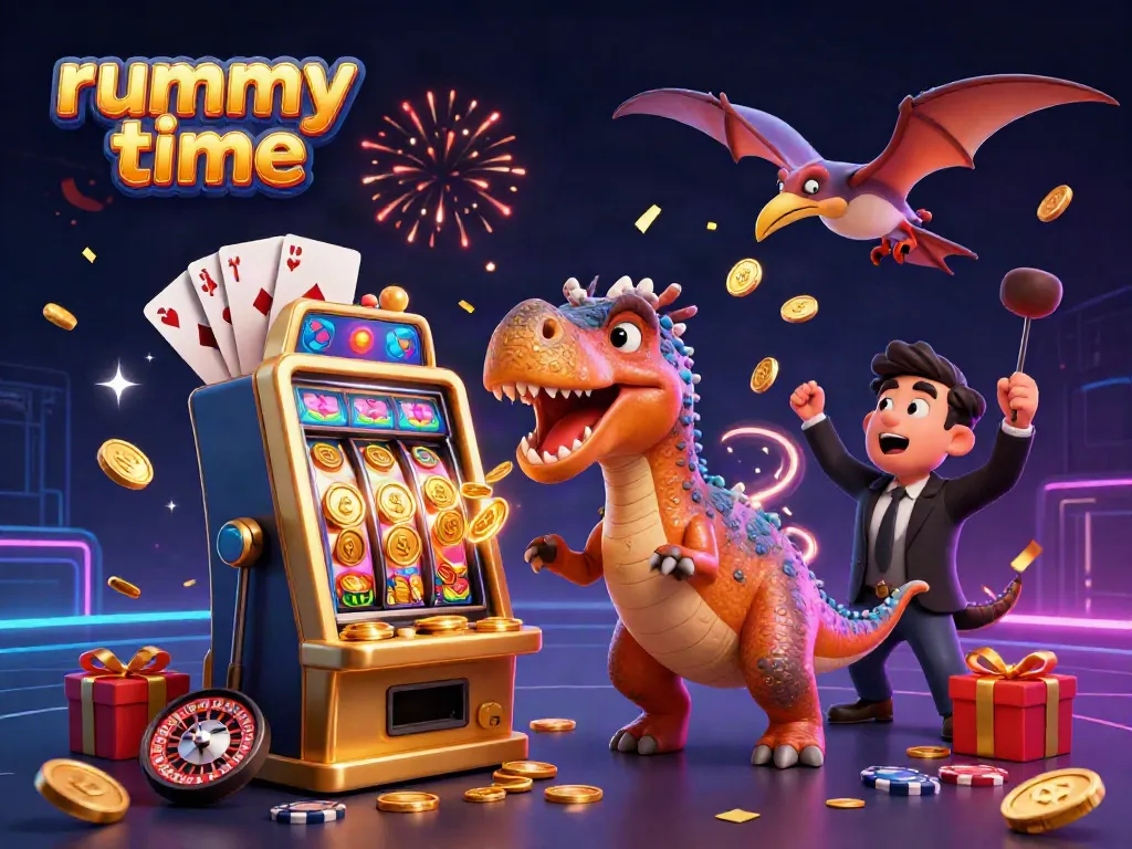 Rummy Time illustration showcasing a pachycephalosaurus playing a slot machine while an ankylosaur manages the casino.