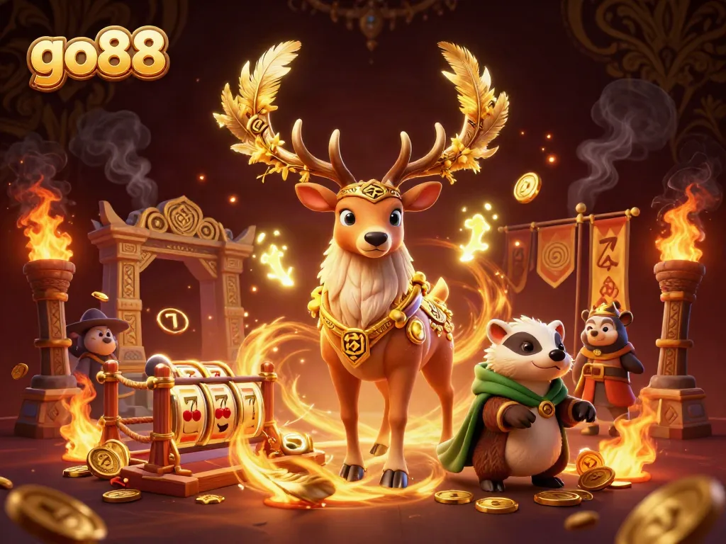 Trải nghiệm cược hấp dẫn cùng GO88 trong bối cảnh sống động với slot game và ánh sáng lung linh.