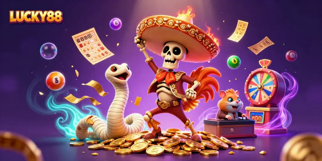 Experience the thrill of LUCKY88 with vibrant characters dancing among lottery elements and gold coins.