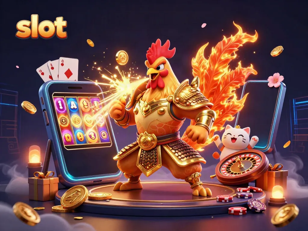 Experience thrilling slots action with a vibrant 3D scene featuring mascot characters and a smartphone game.