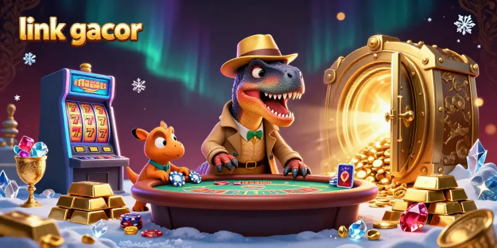 Engage with thrilling gameplay at link gacor with a velociraptor card counter at a vibrant blackjack scene.
