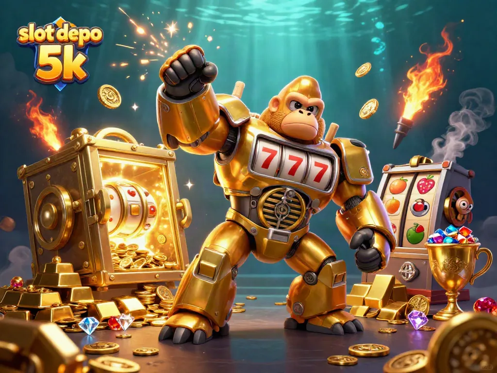 Experience the thrill of slot depo 5k with a golden gorilla mech surrounded by treasure and gems.