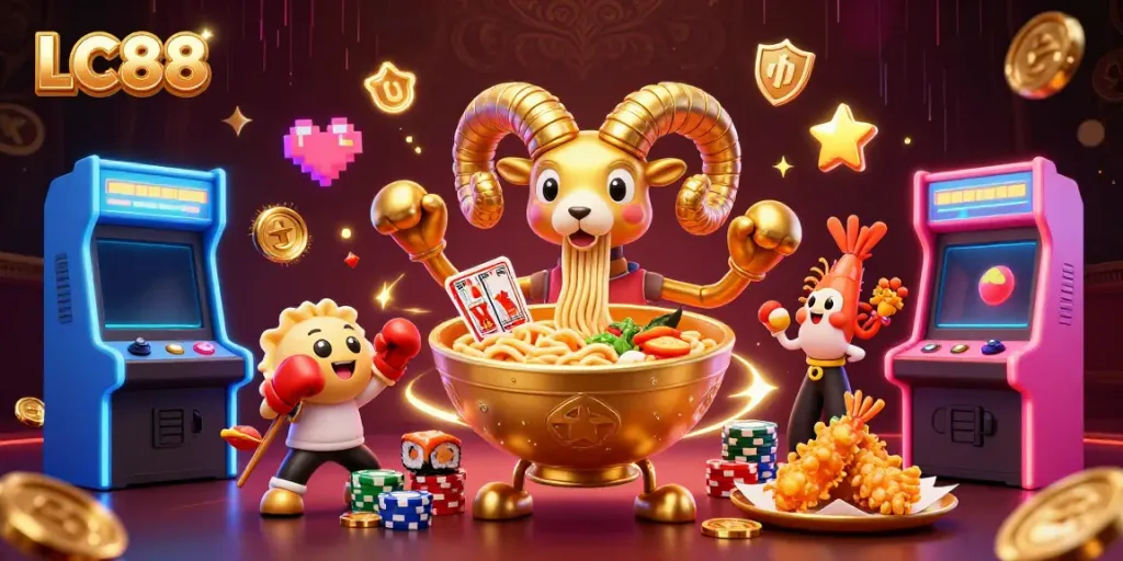 Engaging LC88 casino scene featuring a giant ramen bowl character dealing cards and surrounded by vibrant gaming elements.