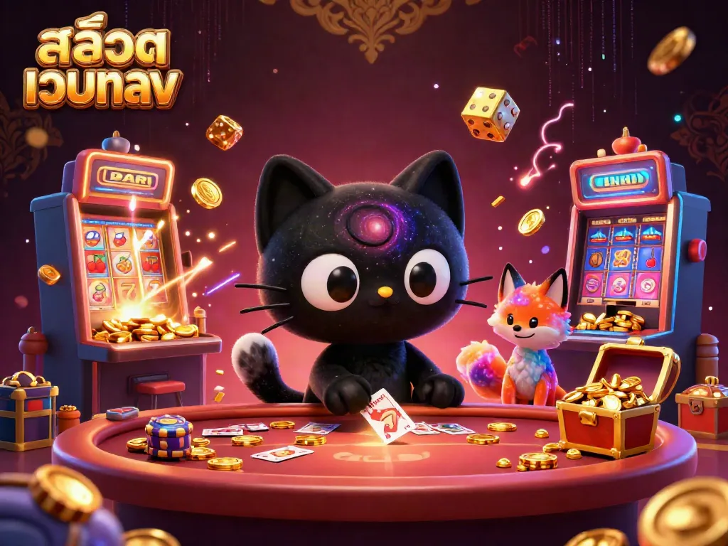 Experience the thrill of สล็อตเว็บตรง with a cosmic cat and vibrant gaming elements in an animated casino scene.