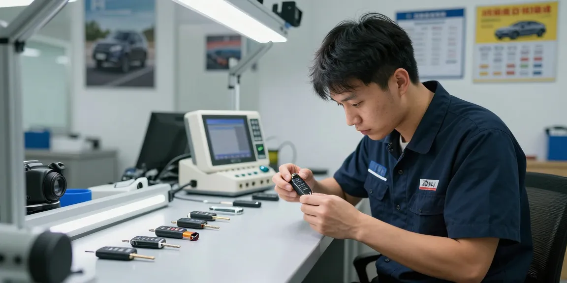 Car Key Replacement Sydney service, expert technician examining a modern car key fob in a well-lit workshop.
