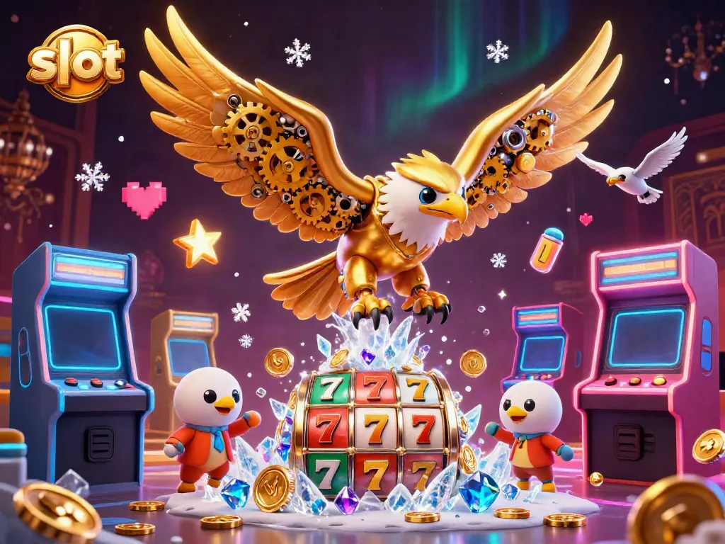 Engage in thrilling slot gameplay with a cybernetic eagle amidst a vibrant casino setting.