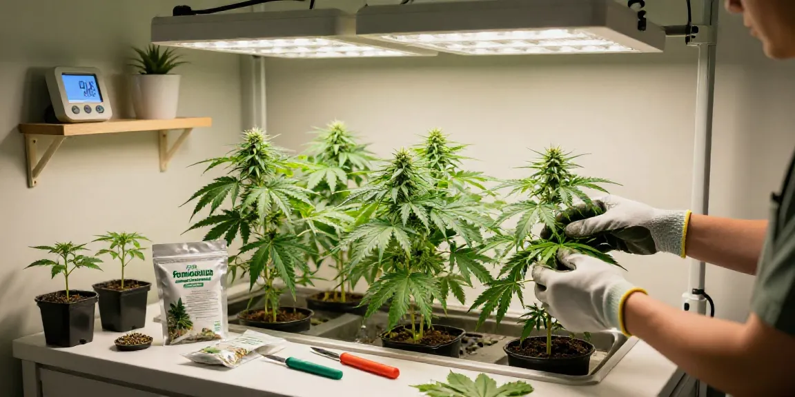 Cannabissamen kaufen: Pflege gesunder Cannabis Pflanzen in einem modernen Indoor-Garten.