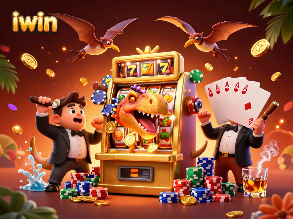 iwin features a cartoon dinosaur winning coins from a slot machine in a vibrant casino scene