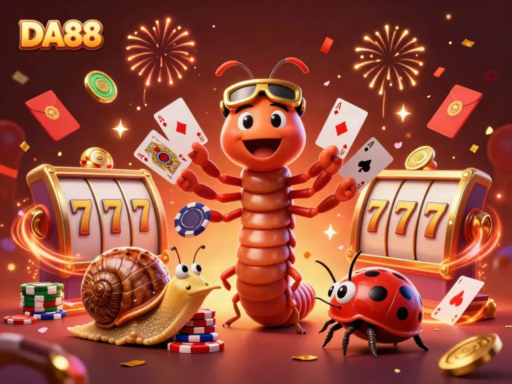 Experience the excitement of DA88 casino games with a vibrant, animated dealer and festive gaming elements.