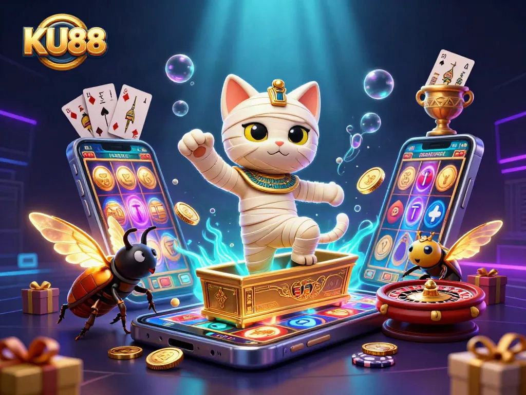 KU88 players experience dynamic slot games amidst a glowing pyramid casino adventure.