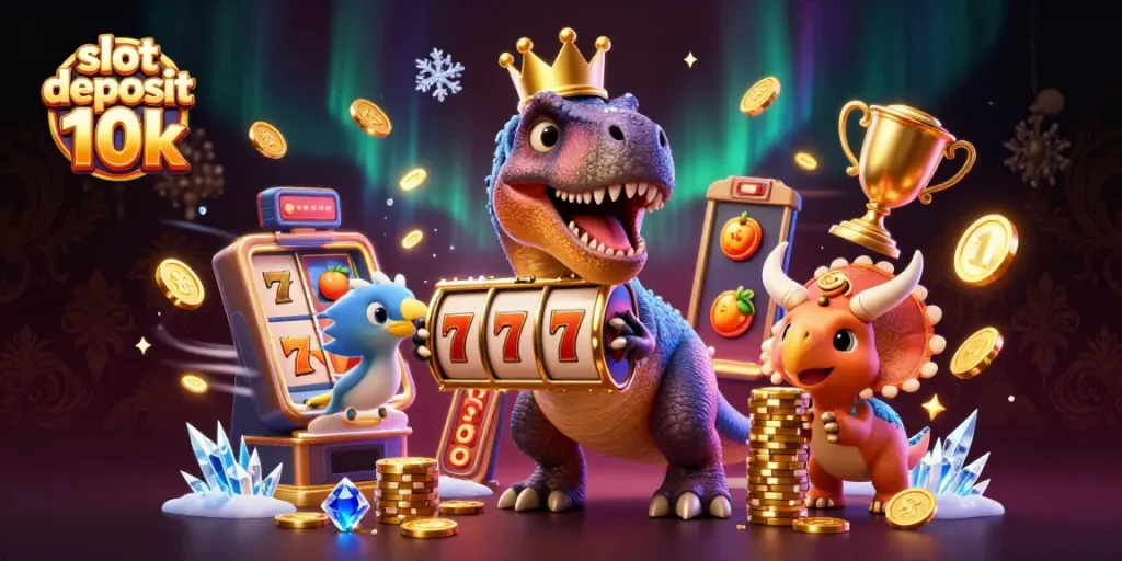 Slot deposit 10k dengan karakter T-Rex dan triceratops memainkan slot, penuh simbol keberuntungan.