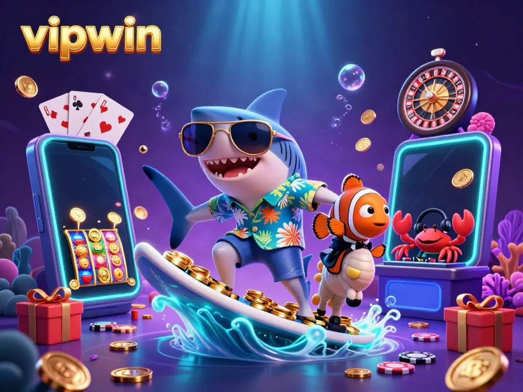 Experience thrilling casino adventures with vipwin's vibrant underwater lottery scene featuring dynamic characters.