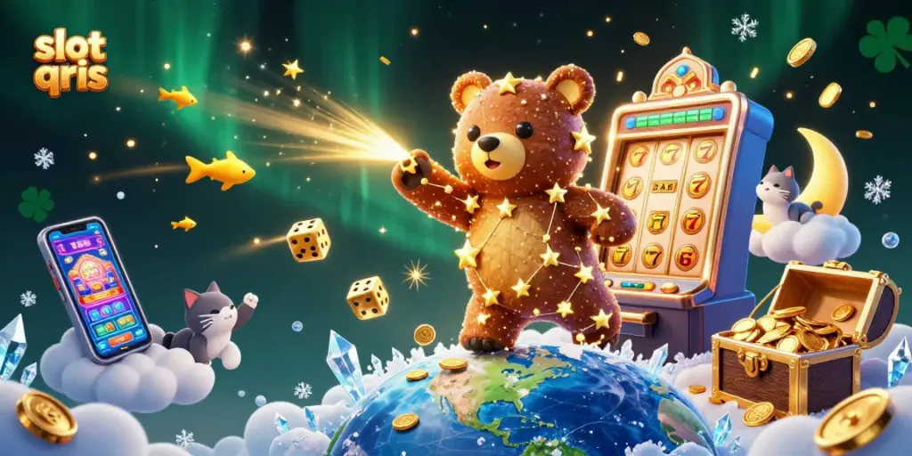 Engage with slot qris in a vibrant 3D casino illustration depicting a jackpot explosion amidst magical characters.
