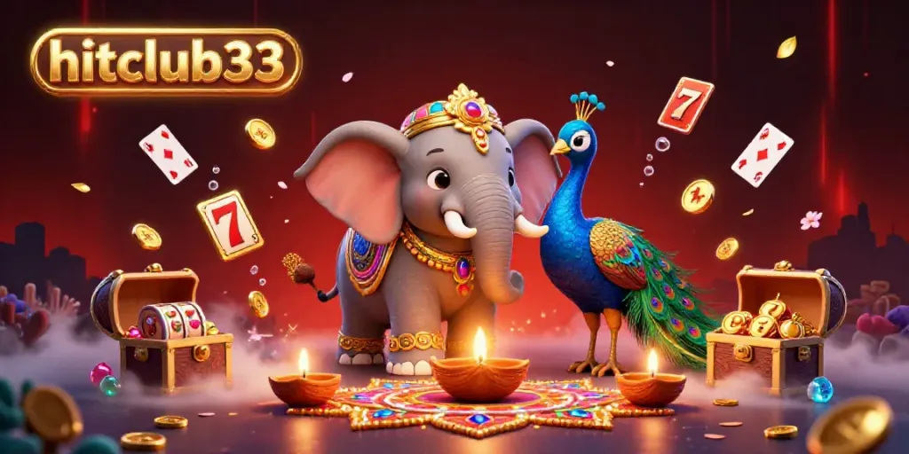 Experience exciting wins with hitclub33 in a vibrant casino-themed illustration featuring playful characters and classic game symbols.